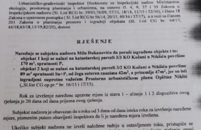 Inspekcija naredila Milu Đukanoviću da sruši nelegelne objekte u Nikšiću